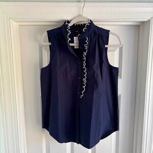 Ann Taylor Midnight Blue Blouse with Ivory Ruffle Trim